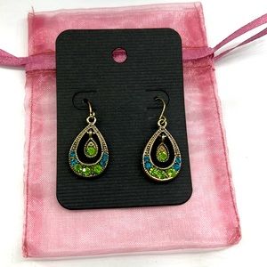 Gold-Toned Metal Earrings w/Teal and Green Gemstones and Hook Backs